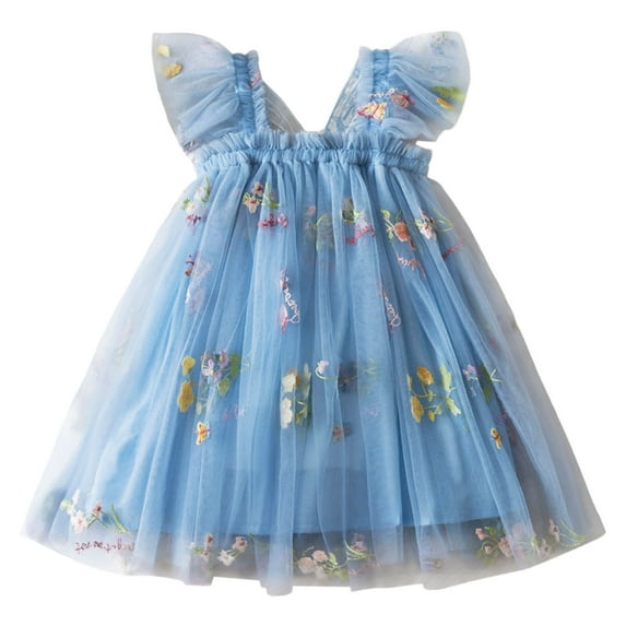 Trolimons Toddler Girls' Casual Dresses Sleeveless Embroidered Flowers With Wing Tie Holiday Party Dance Party Clothes Size 2-3T Blue