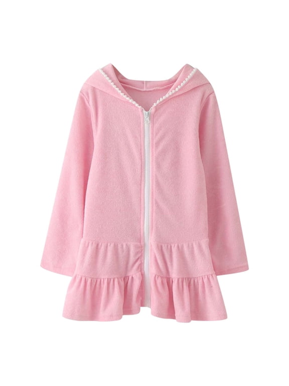Toddler Girls Pink Hooded Zip Up Swimwear Cover, Size 3T to 4T
