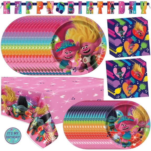 Troll Birthday Party Decorations | Serves 16 Guests | Banner, Tablecloth, Dinner & Cake Plates, Napkins, Sticker