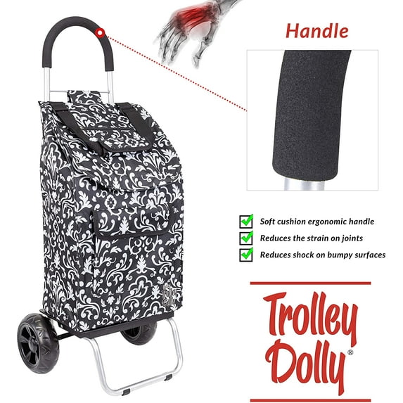 Trolley Dolly, Foldable Shopping cart for Groceries with Wheels, Removable Bag and Rolling Personal Handtruck, Damask