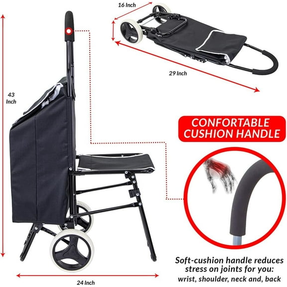 Trolley Dolly Sport with Chair – Foldable Grocery Cart on Wheels – Multi Use Rolling Cart with Built-in Seat, Removable Bag, and Hand Truck Dolly Function, Black