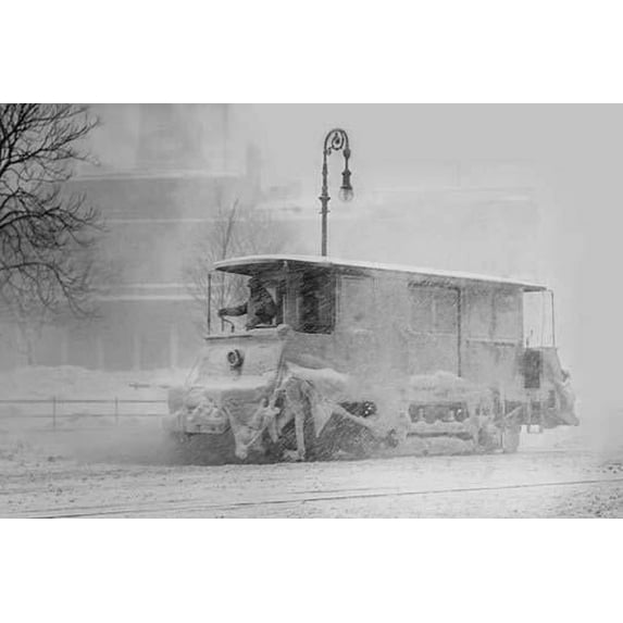 Trolley Snowplow Pushes ahead in heavy snowfall on New York Streets Poster Print (24 x 36)