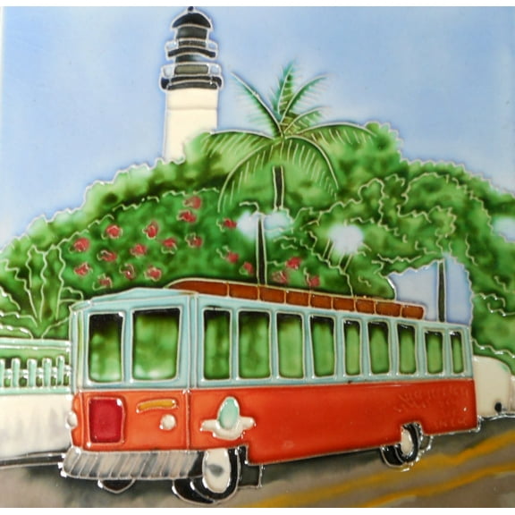 Trolley car ceramic art tile 8x8 inches with easel back
