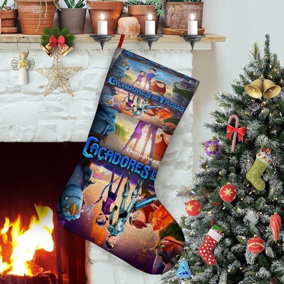 Trollhunters-theme Christmas StockingsFine white linen for Stairs Fireplace Hanging Xmas Home Decor Christmas gift17.7"X12.6"(45cm32cm)