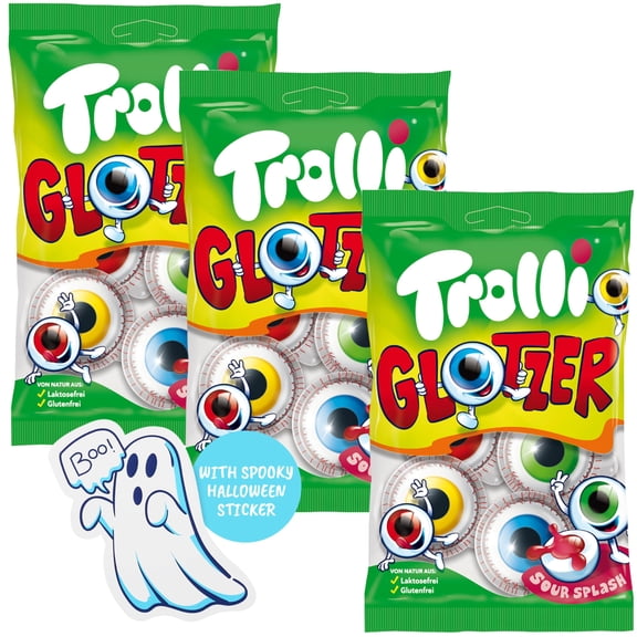 Trolli Glotzer Halloween Sweets - 3 Bags of 75 g with 4 Eyes Each (Total 12 Glotzers) - Lactose and Gluten Free, Includes Ghost Stickers - Perfect for School Cones, Pinatas and as Party Decoration