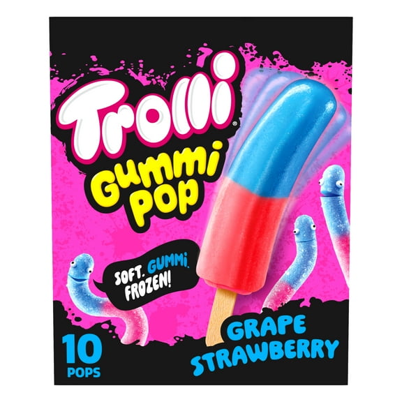 Trolli Frozen Gummi Ice Pops Chewy Sour Gummy Candy Frozen Dessert Snacks, Grape Strawberry, 10 Count