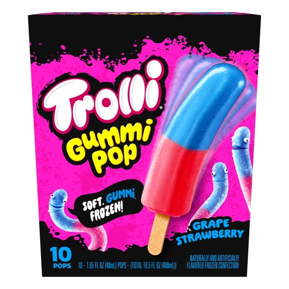 Trolli Frozen Gummi Ice Pops Chewy Sour Gummy Candy Frozen Dessert Snacks, Grape Strawberry, 10 Count