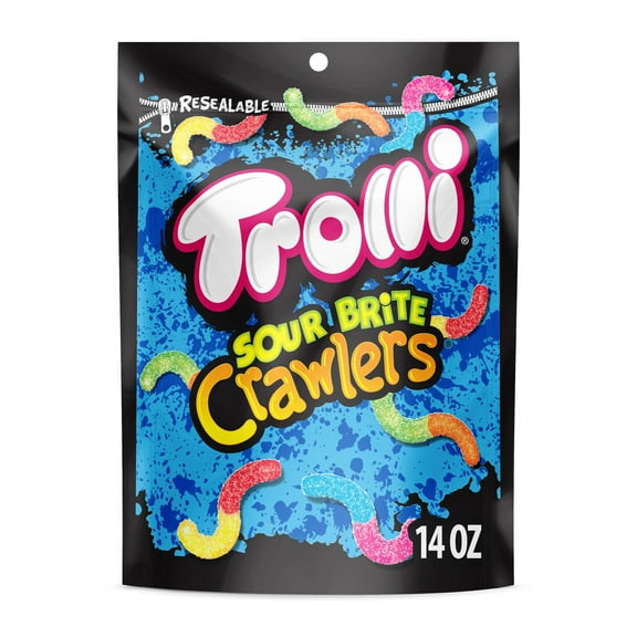 Trolli Sour Brite Crawlers, Candy, Cherry-Lemon, Strawberry-Grape & Orange-Lime, Sweet and Sour, Gummy Worms, 14 oz Bag