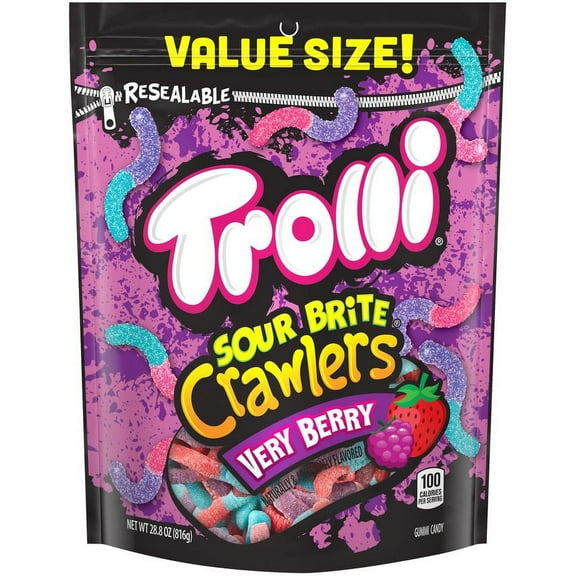 Trolli Sour Brite Crawlers, Candy, Very Berry, Sweet and Sour, Gummy Worms, 28.8 oz Bag