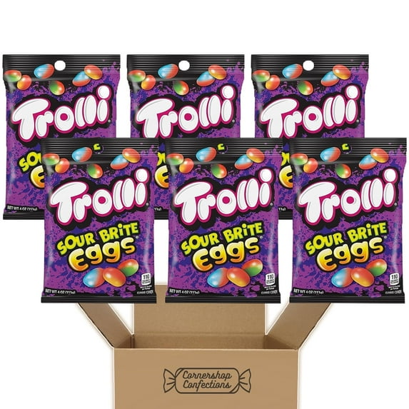 Trolli Sour Brite Eggs - 6 Bags of Trolli's Sour, Fruity, Chewy, Egg-Shaped Candy - Fat-Free, Individually Sealed Bags for Work, Lunch Box, Road Trips in Cornershop Confections Packaging