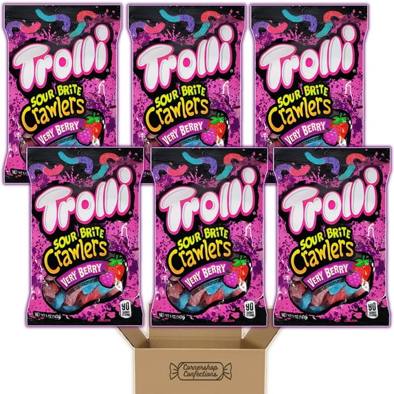 Trolli Sour Brite Very Berry Crawlers - 6 Individually Sealed 5oz Bags - Contains Zero Fat - For On The Go Snacks, Parties, Movie Nights and More in Cornershop Confections Pack
