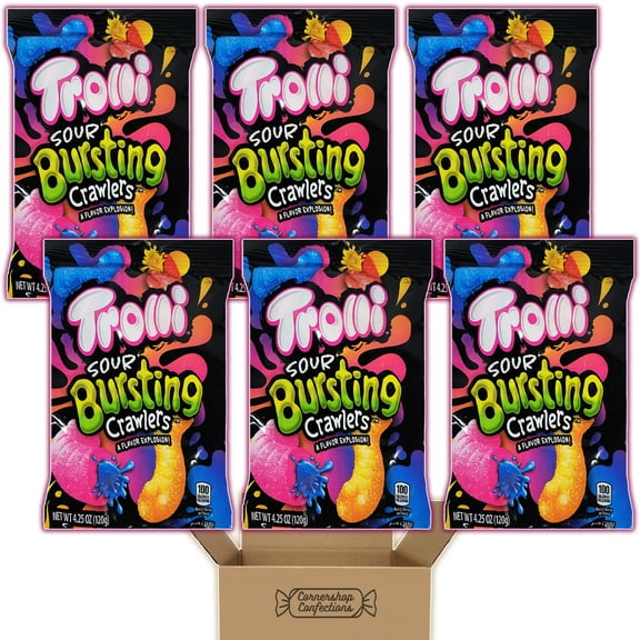 Trolli Sour Bursting Crawlers - 6 Individually Sealed 4.25oz Bags - Contains Zero Fat - For On The Go Snacks, Parties, Movie Nights and Much More in Cornershop Confections Pack
