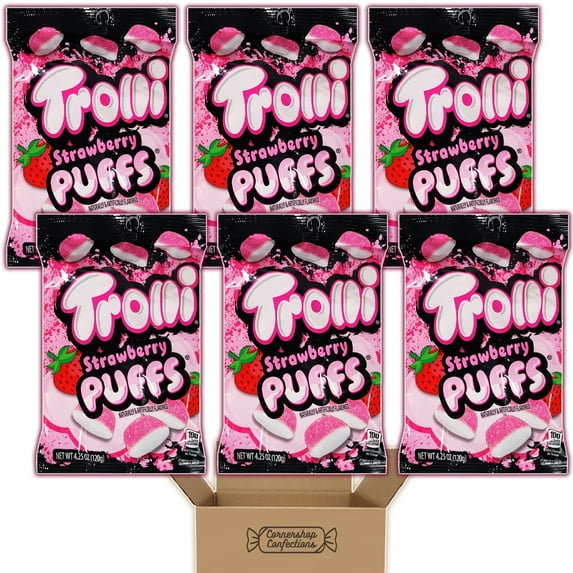 Trolli Strawberry Puffs - 6 Individually Sealed 4.25oz Bags - Contains Zero Fat - For On The Go Snacks, Parties, Movie Nights and Much More in Cornershop Confections Pack
