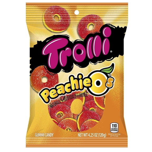 Trolli Sweet Peachie Os Gummi Rings  12 Pack, 4.25 oz Bags, Soft Sour Peach Flavored Candy Rings