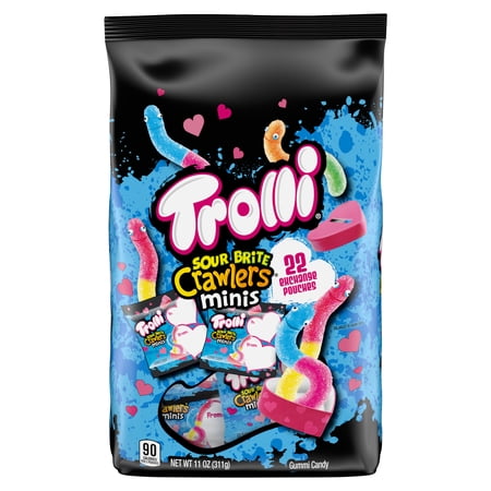 Trolli Valentine's Mini Sour Brite Crawlers, Valentines Day Candy, Classroom Exchange Pouches, 11 oz, 22 count