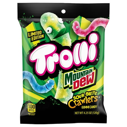 Trolli x Mountain Dew Sour Brite Crawlers Gummy Worm Candy, 4.25 oz Bag