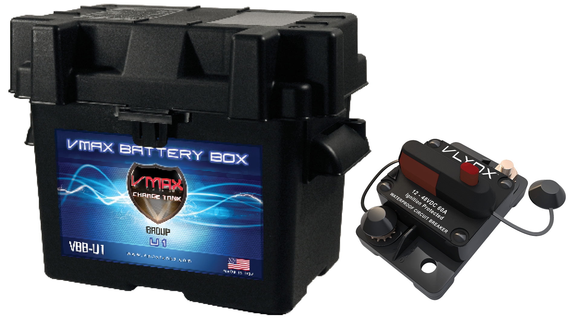 Vmax Marine Grade U1 Battery Box, Waterproof, 100% OFC Copper Boat Accessory with Circuit Breaker