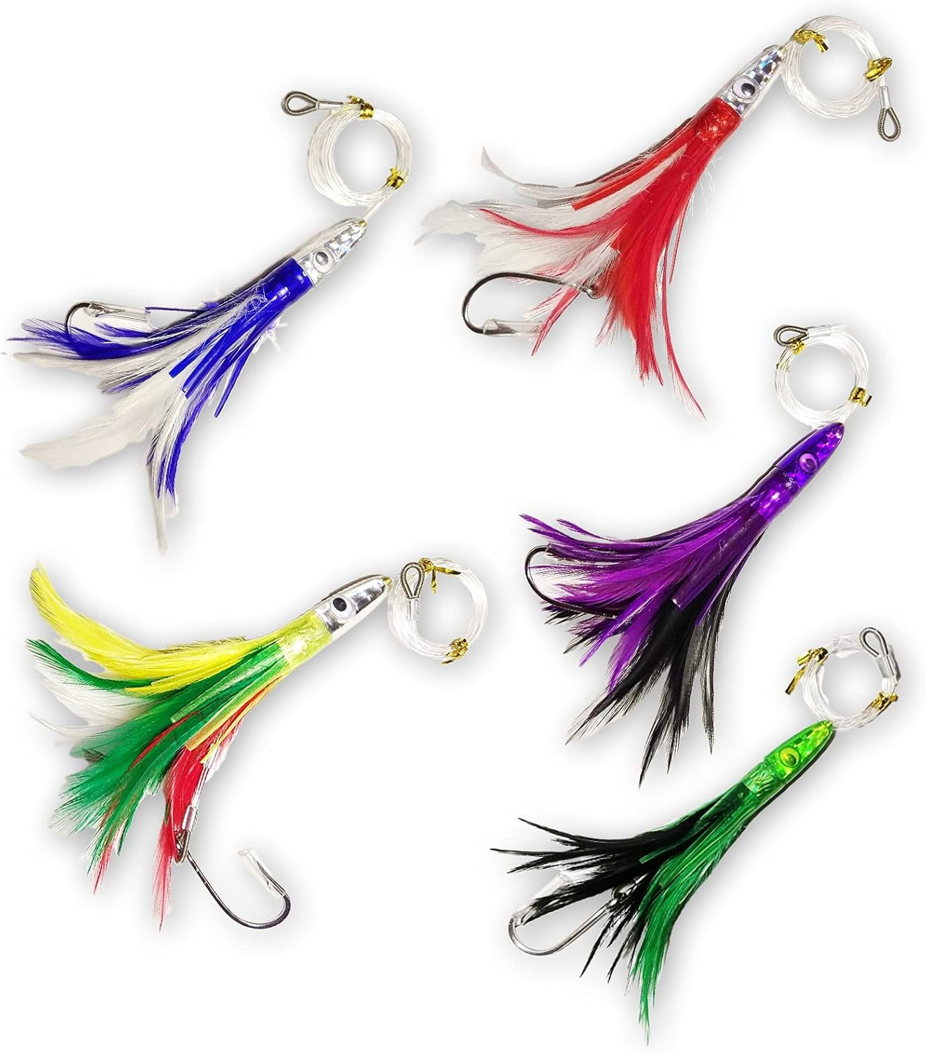 5-Pack Trolling Feather Lures - Saltwater Skirts For Marlin, Tuna, Wahoo