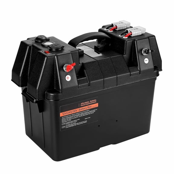 Trolling Motor Battery Box, Group 24/31, 12V/24V Marine Battery Case with USB, Voltmeter & Anderson Plug; PP Shell, Dual Straps; for RV, Solar & Marine Use