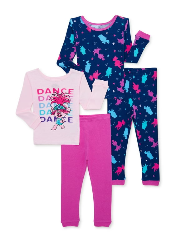 Trolls 2 Toddler Girls Long Sleeve Tops and Pants, 4-Piece Pajama Set, Sizes 2T-4T