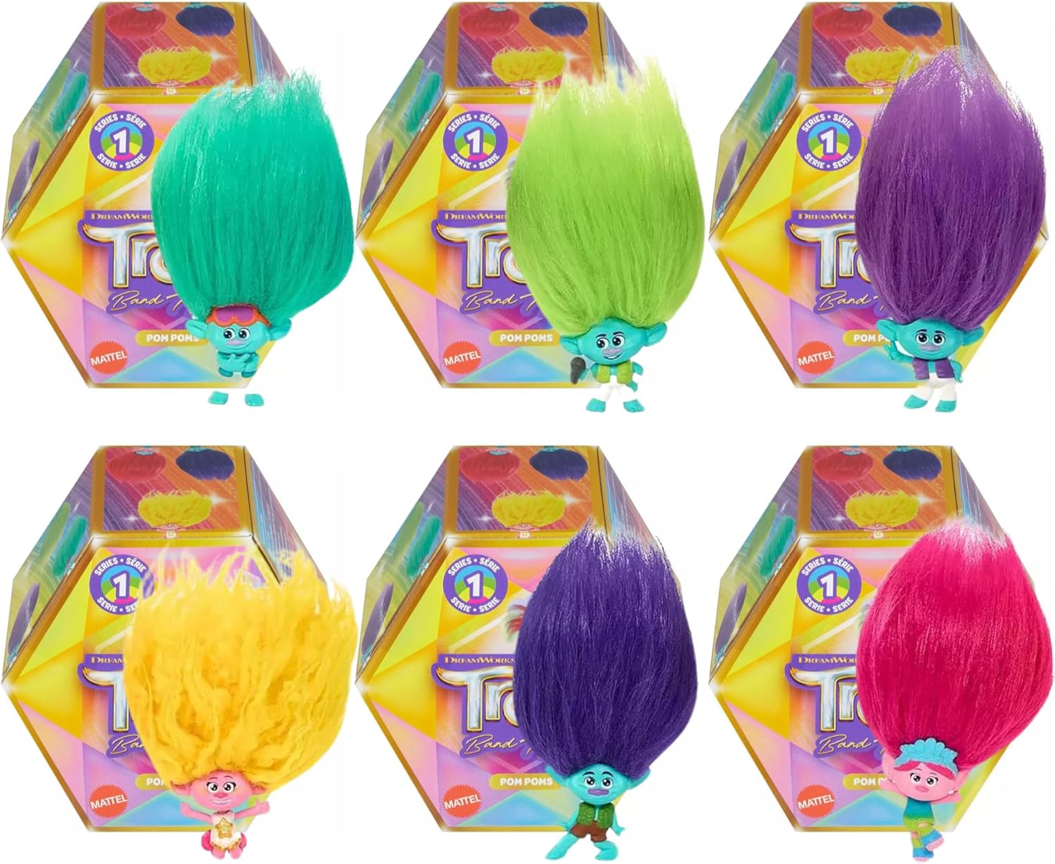 Trolls Band Together Serie 1 - Set Completo 6 Portachiavi Pom Poms Con Mini Bambole Nascoste, 10cm, Giocattoli Ufficiali