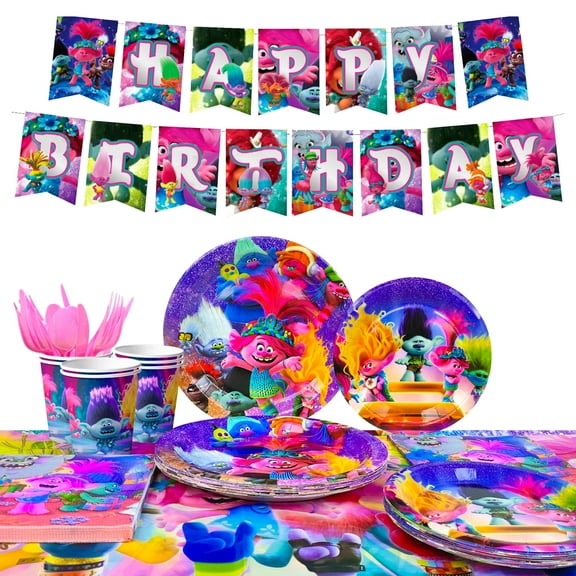 Birthday Decorations, 114 Pcs Party Tableware Set - Theme Party Plates, Dinner Trays, Napkins, Tablecloths and Other Birthday Party Supplies for Boys/Girls, Serves 16