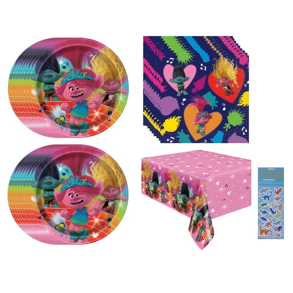 Trolls Birthday Party Supplies Bundle includes 16 Dessert Cake Paper Plates 7", 16 Lunch Paper Napkins 2-Ply 6.5", 1 Rectangular Plastic Table Cover 54" x 84", 1 Dinosaur Sticker Sheet
