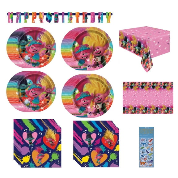 Trolls Birthday Party Supplies Bundle includes 16 Dessert Plates, 16 Lunch Paper Plates, 32 Lunch Paper Napkins, 1 Plastic Table Cover, 1 Happy Birthday Banner, 1 Dinosaur Sticker Sheet