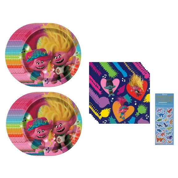 Trolls Birthday Party Supplies Bundle includes 16 Lunch Paper Plates 9", 16 Lunch Paper Napkins 2-Ply 6.5", 1 Dinosaur Sticker Sheet