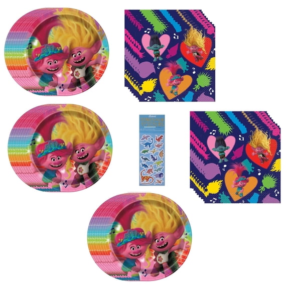 Trolls Birthday Party Supplies Bundle includes 24 Lunch Paper Plates 9", 32 Lunch Paper Napkins 2-Ply 6.5", 1 Dinosaur Sticker Sheet