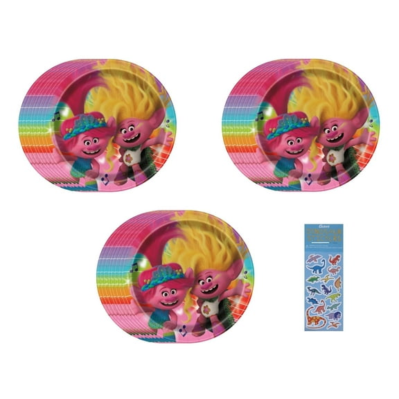 Trolls Birthday Party Supplies Bundle includes 24 Lunch Paper Plates 9" and 1 Dinosaur Sticker Sheet