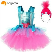 GOYOMA Trolls Cosplay Costume for Girls Princess Poppy Costumes with Headpiece Tutu Dresses on Birthday Party, Halloween,Christmas and School Role Play