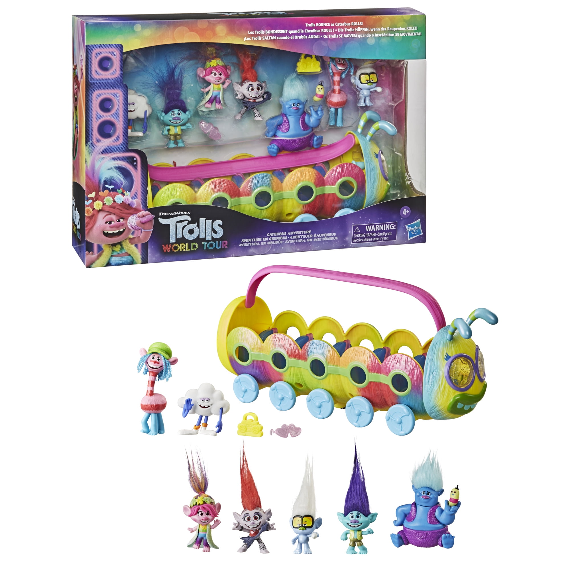 Trolls DreamWorks Action Figure Set, Includes 7 Characters and Caterbus Adventure
