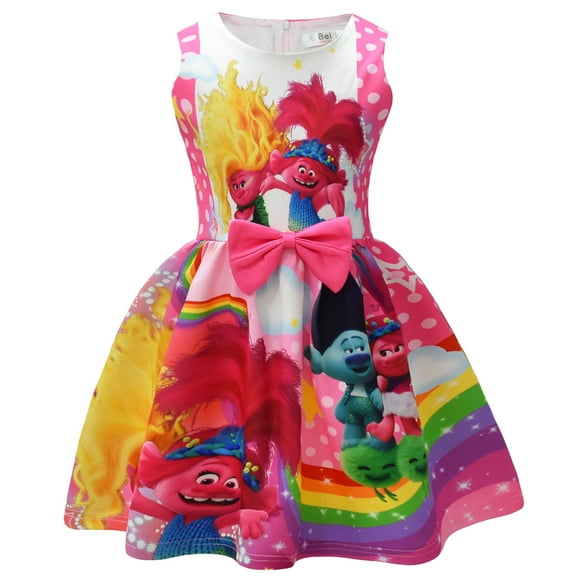 Trolls Girls' Dress, Magic Hair Elf Girls' Sleeveless Casual Skirt, Cartoon Digital Printed Girls' Bow A-line Skirt, Suitable for Children Aged 3-10