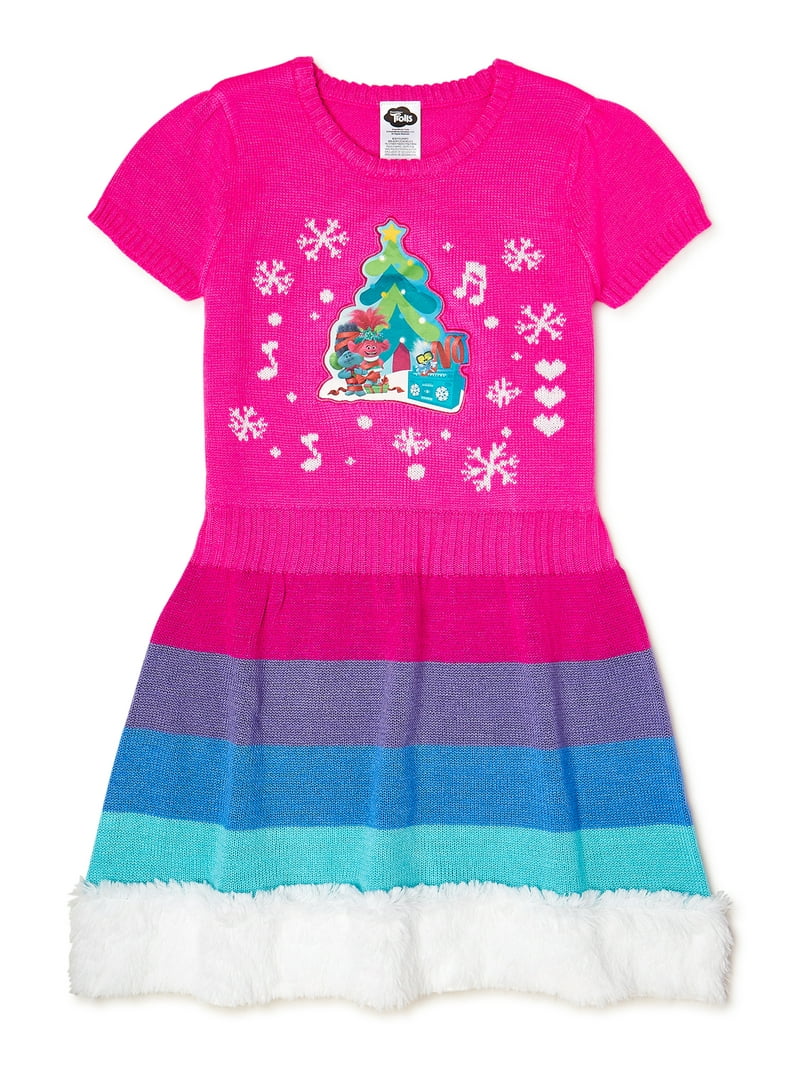 trolls birthday dress Girls Sweater Dress, Faux Fur Trim, Jacquard Print, Sizes 4-16, 100% Acrylic Size:FR 54 Your child cant wait pleated midi dress Backless Ruffle Detailing Mini