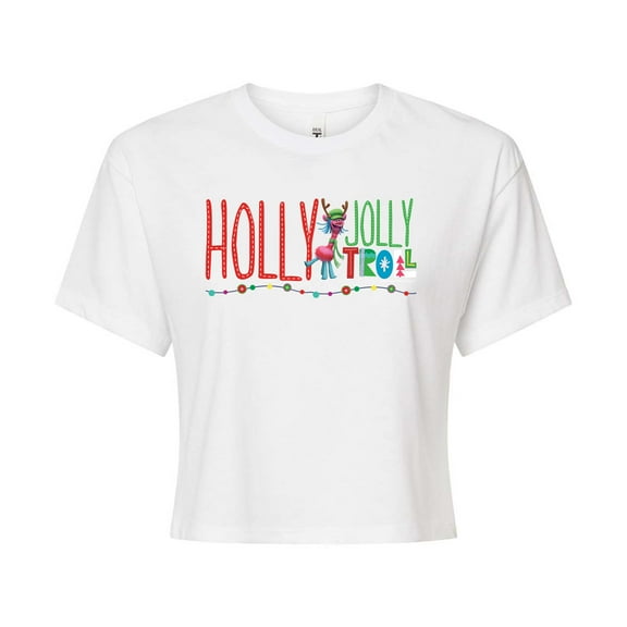 Trolls - Holly Jolly Troll Cooper - Juniors Cropped Cotton Blend T-Shirt