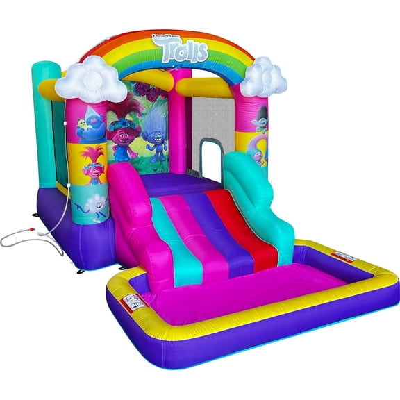 Funormous Trolls Bounce House with Slide & Ball Pit – Indoor/Outdoor Inflatable Play Castle with Heavy-Duty Air Blower for Kids Ages 3–8