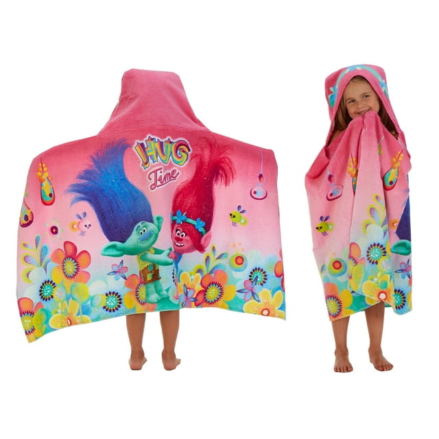 Trolls Kids Bath and Beach Hooded Towel Wrap, 100% Cotton, Pink