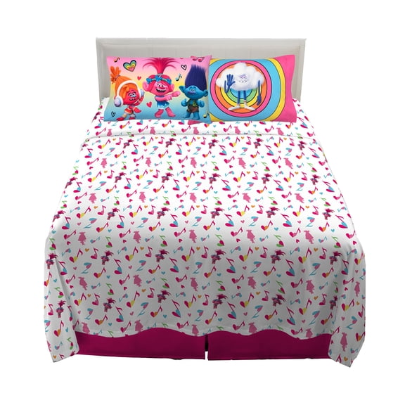 Trolls Kids Full Sheet Set, White, Pink