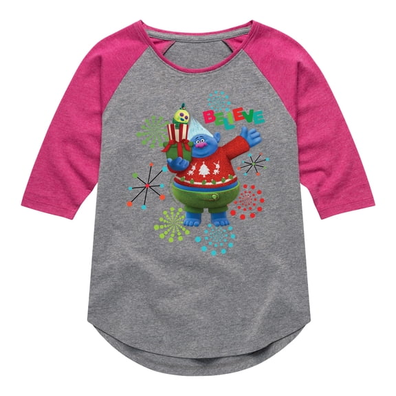 Trolls Movie - Christmas - Believe - Biggie - Toddler And Youth Girls Raglan Graphic T-Shirt