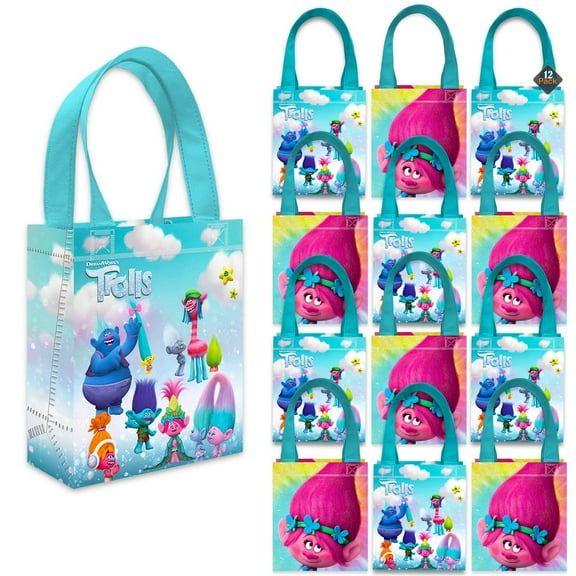 Trolls Party Favor Bags Set 12 Pack 8" Goodie Bags for Kids Bulk Reusable Mini Totes | Trolls Birthday Party Supplies