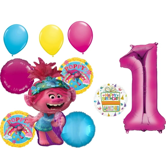 Trolls Party Supplies 1st Birthday 10 piece Balloon Bouquet Decorations kit