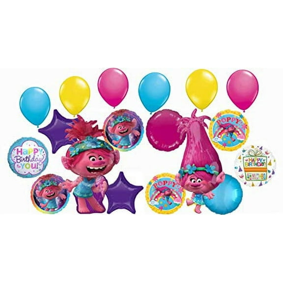 Trolls Party Supplies Poppy Birthday Balloon Bouquet Decorations 18 piece kit