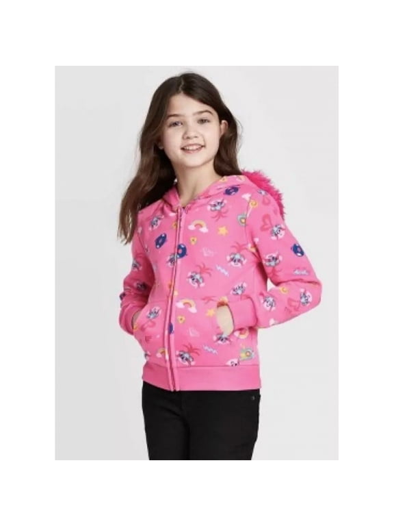 Pink All Over Graphic Big Girl's Zip Hoodie with Furry Hood (Large 10/12)
