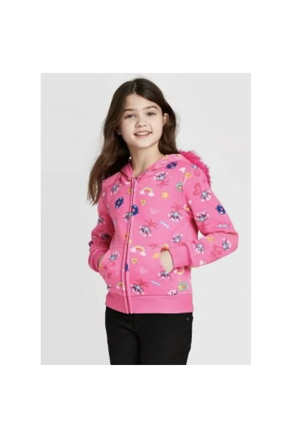 Pink All Over Graphic Big Girl's Zip Hoodie with Furry Hood (Large 10/12)