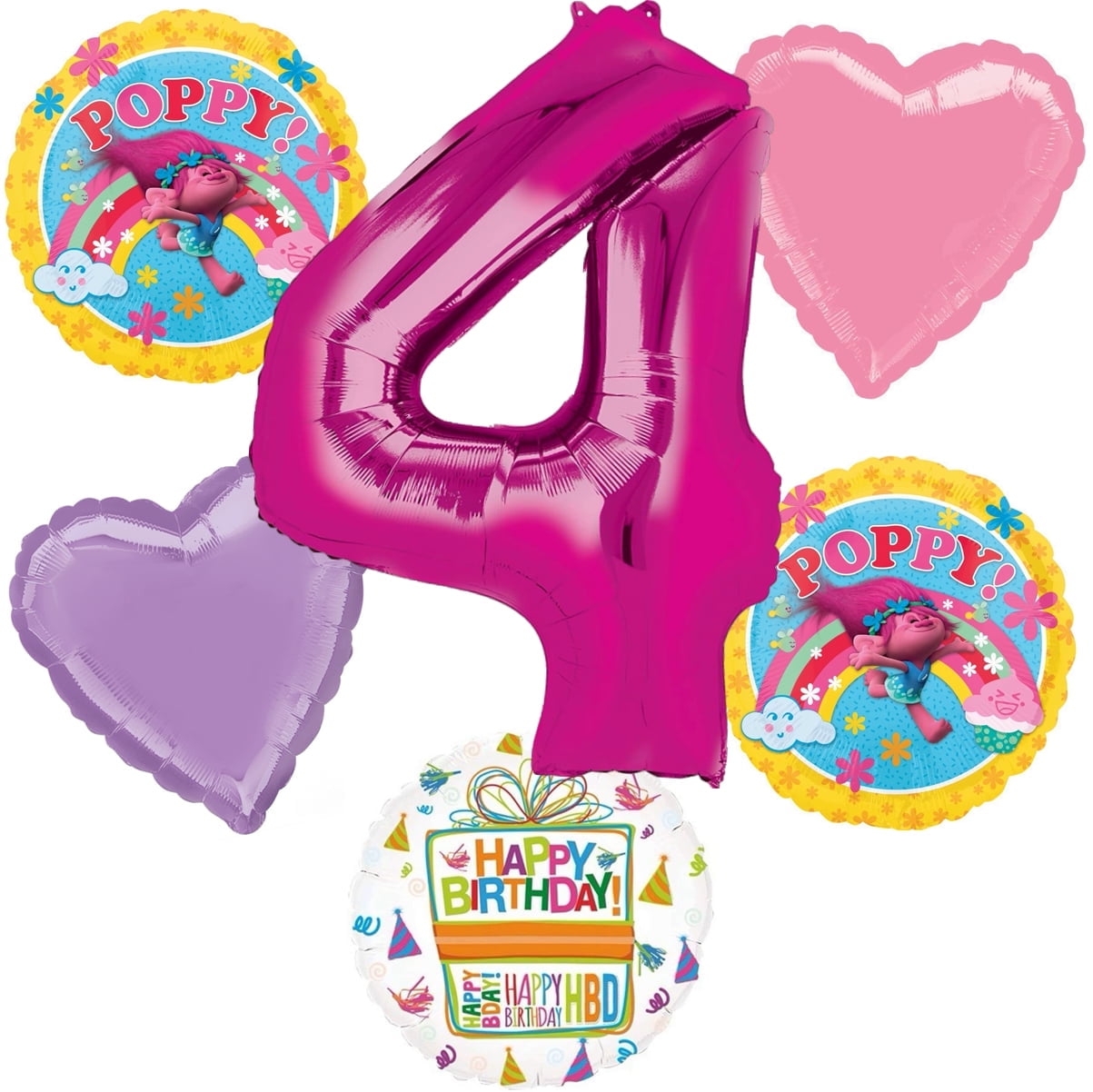 Trolls Poppy 4th Birthday Party Supplies Balloon Bouquet Decorations 6pc