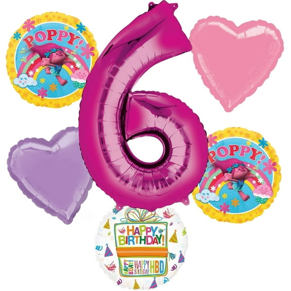 Trolls Poppy 6th Birthday Party Supplies Balloon Bouquet Decorations 6pc