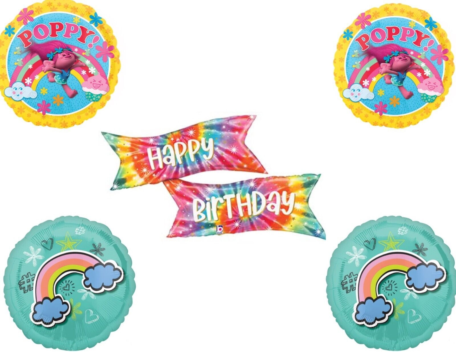 Trolls Poppy Tie Dye Rainbow 5 piece Birthday Girl Balloons Supplies Party