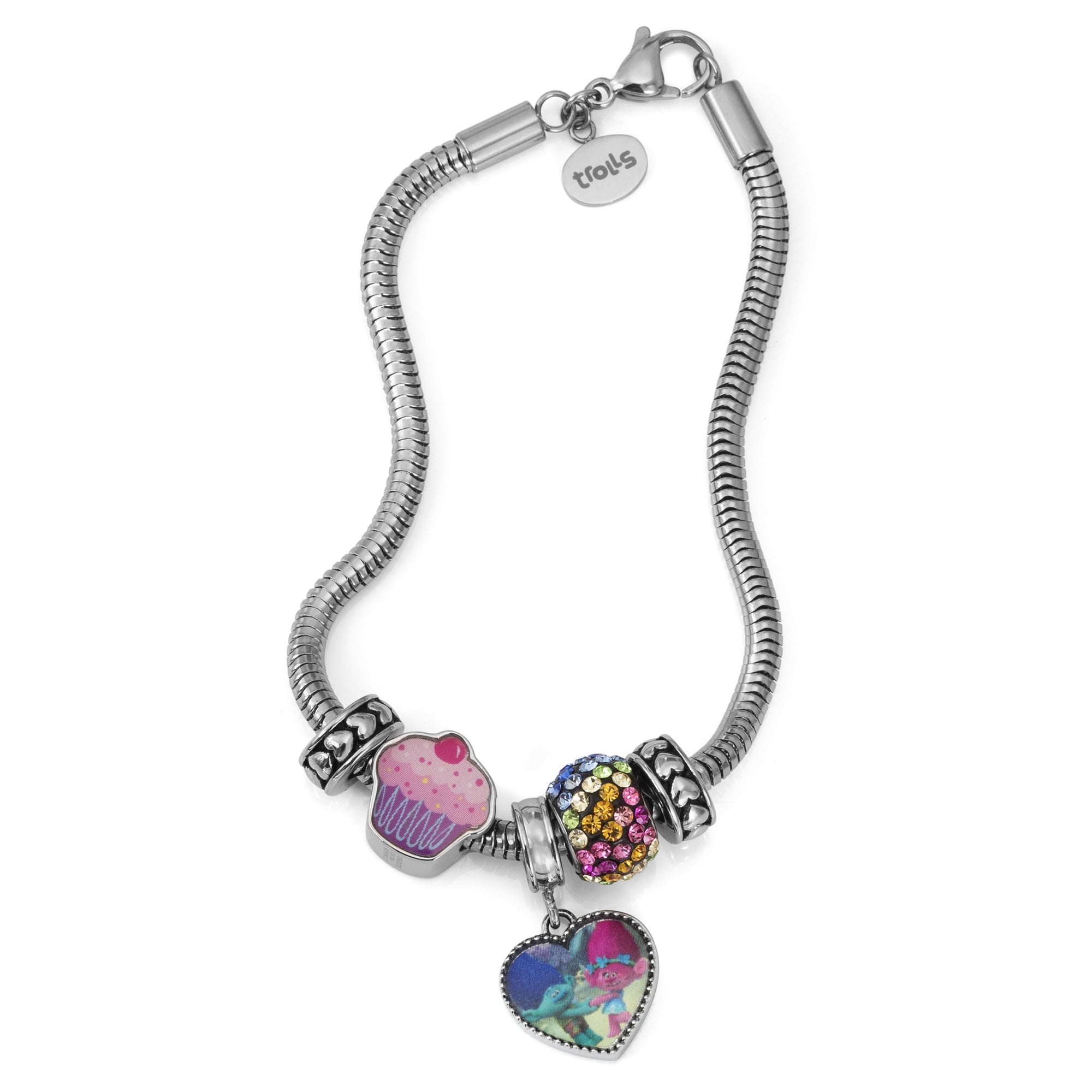 Trolls Stainless Steel "Hug Time" Heart Charm, Crystal Bead and Cupcake Bundle with Stoppers Charm Bracelet
