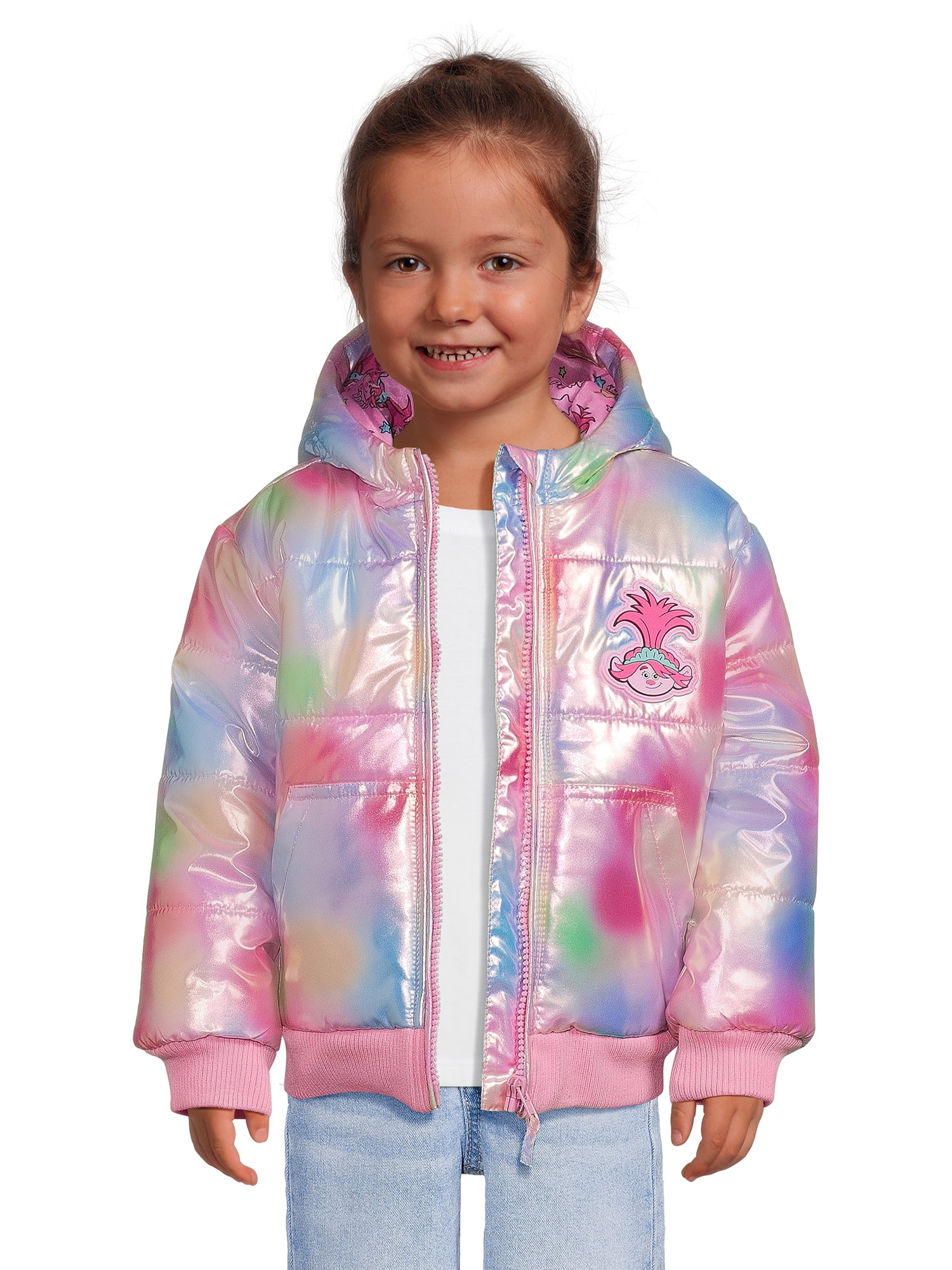 Trolls Toddler Girls' Iridescent Puffer Jacket with Hood, Sizes 2T- 5T 
